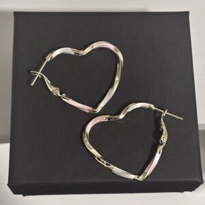 Gold Plated Heart Hoop Earrings Pink Enamel Accent Faceted Hoops Statement